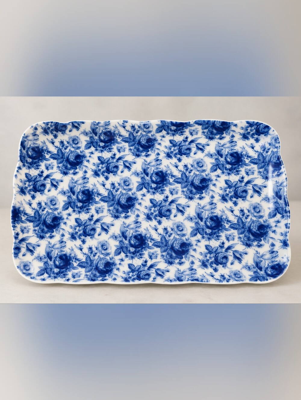 Harry & David Blue White Floral Rose Chintz Rectangular Serving Tray 11.5”